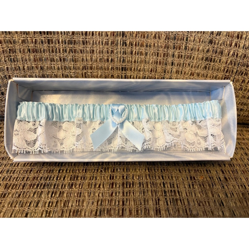 Vintage 70s Blue Satin Ribbon & White Lace Garter with Faux Pearl Ring NOS MIB